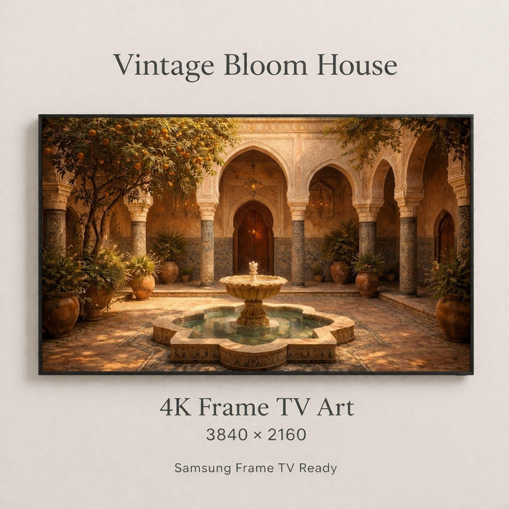 Marrakech Riad Courtyard Art, Moroccan Tile Fountain, Warm Interior (Digital Download)