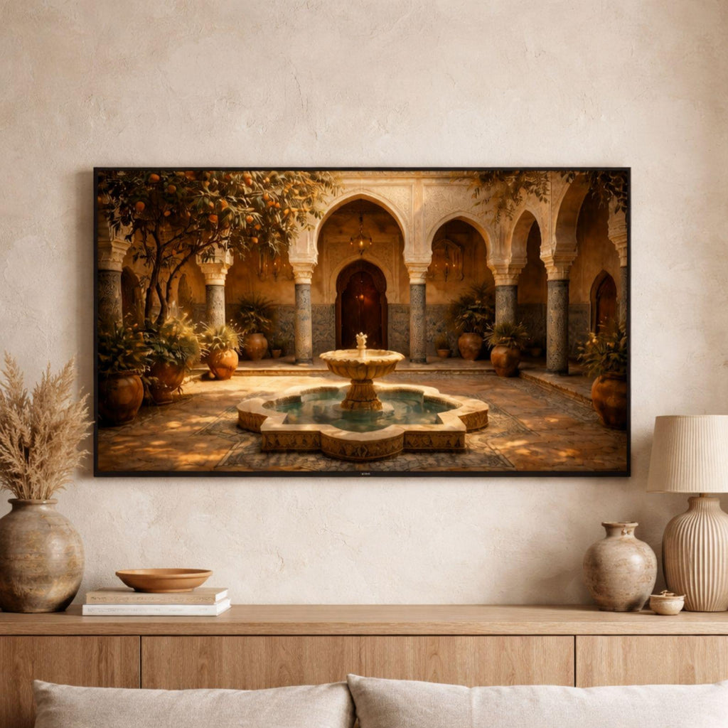 Marrakech Riad Courtyard Art, Moroccan Tile Fountain, Warm Interior (Digital Download)