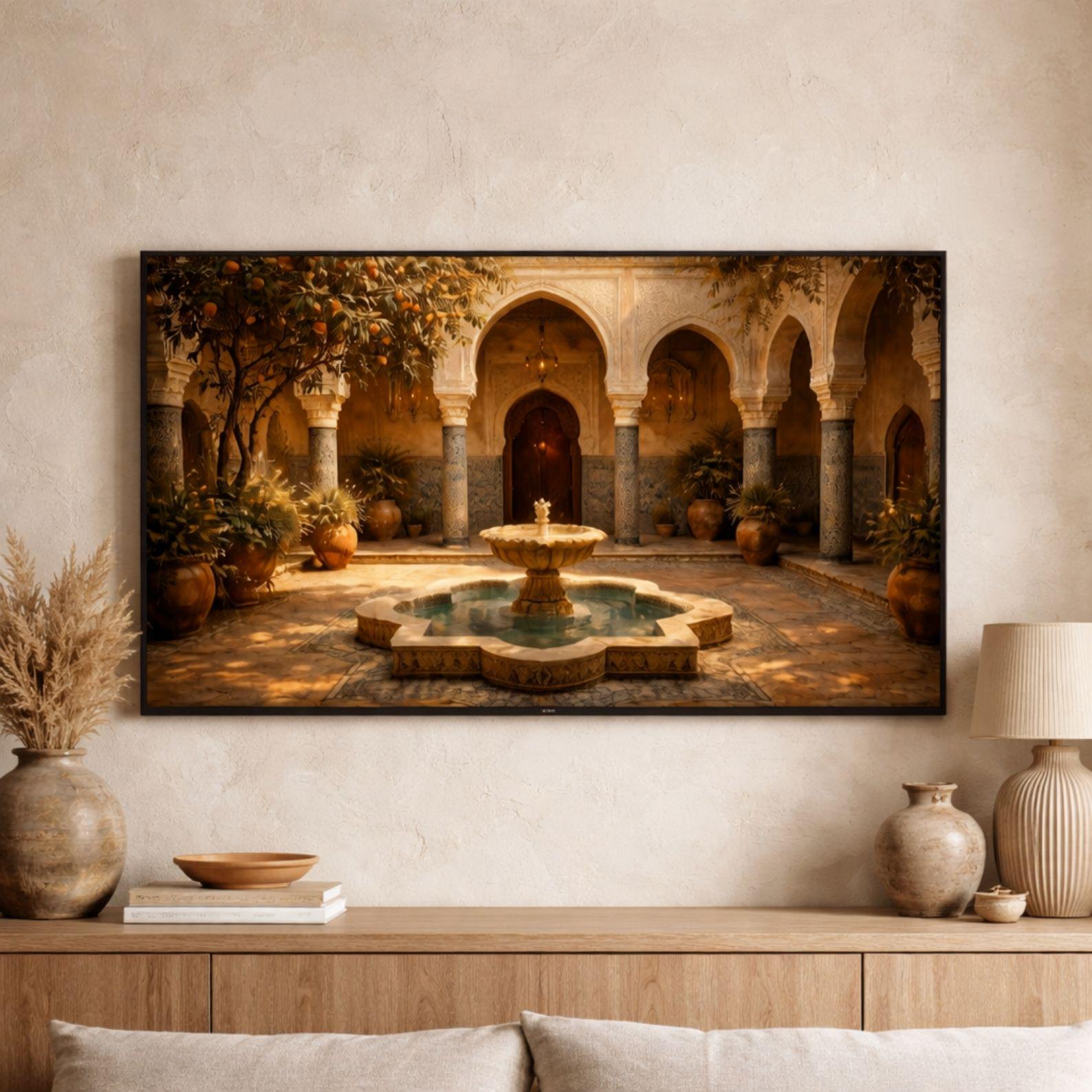 Marrakech Riad Courtyard Art, Moroccan Tile Fountain, Warm Interior (Digital Download)