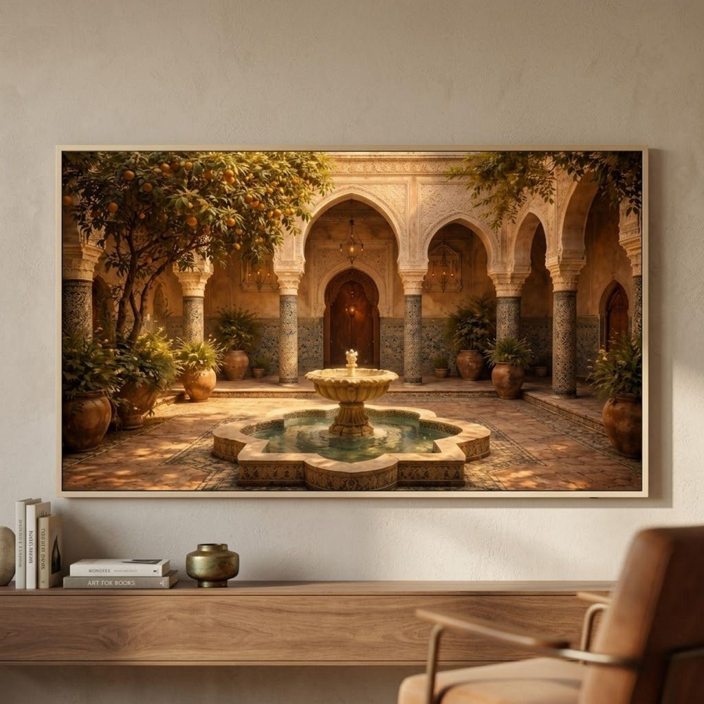 Marrakech Riad Courtyard Art, Moroccan Tile Fountain, Warm Interior (Digital Download)