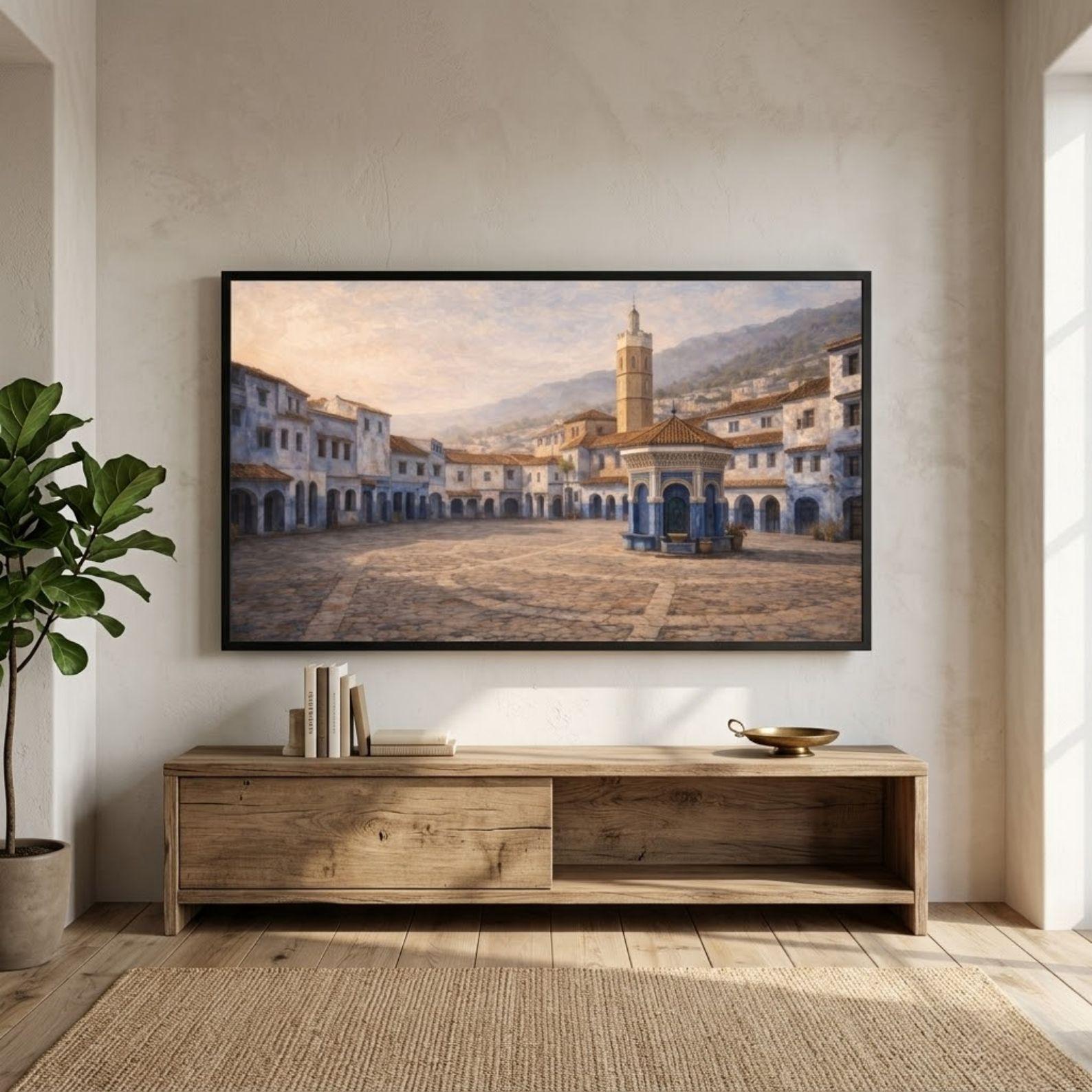 Chefchaouen Plaza Art | Blue City Morocco Landscape for Frame TV (Digital Download)