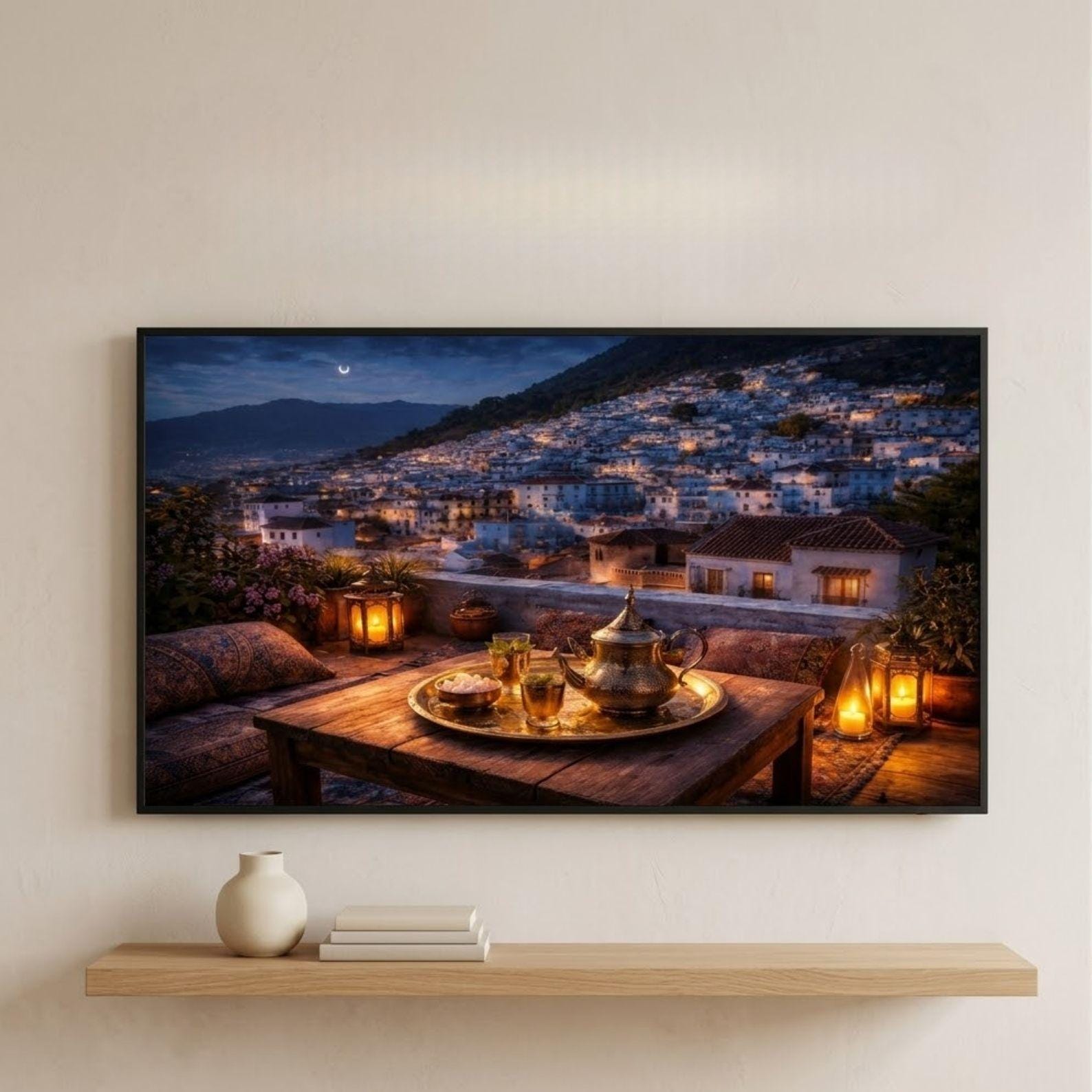 Chefchaouen Night Rooftop Art: Moroccan Lantern Glow, Blue City View (Digital Download)