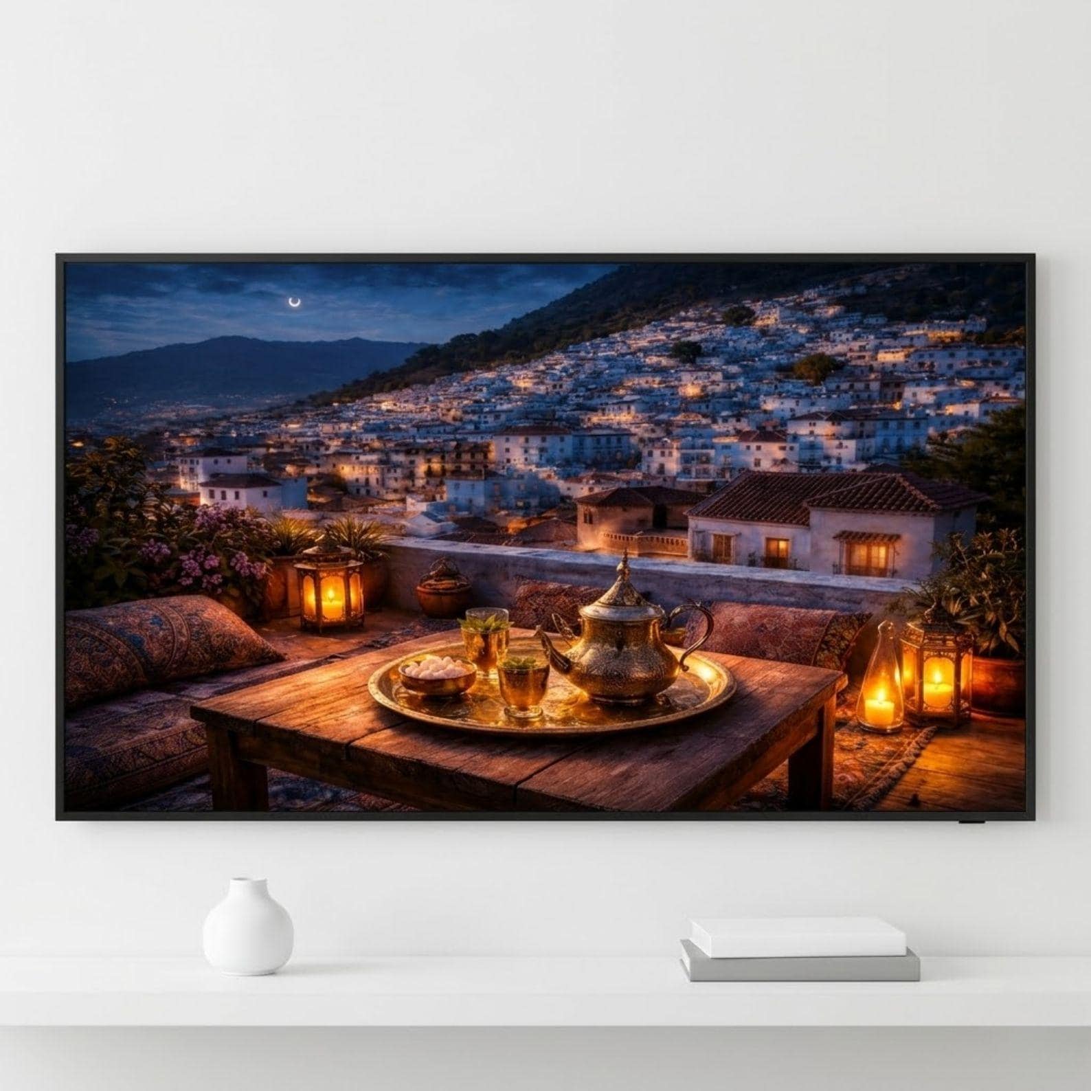Chefchaouen Night Rooftop Art: Moroccan Lantern Glow, Blue City View (Digital Download)