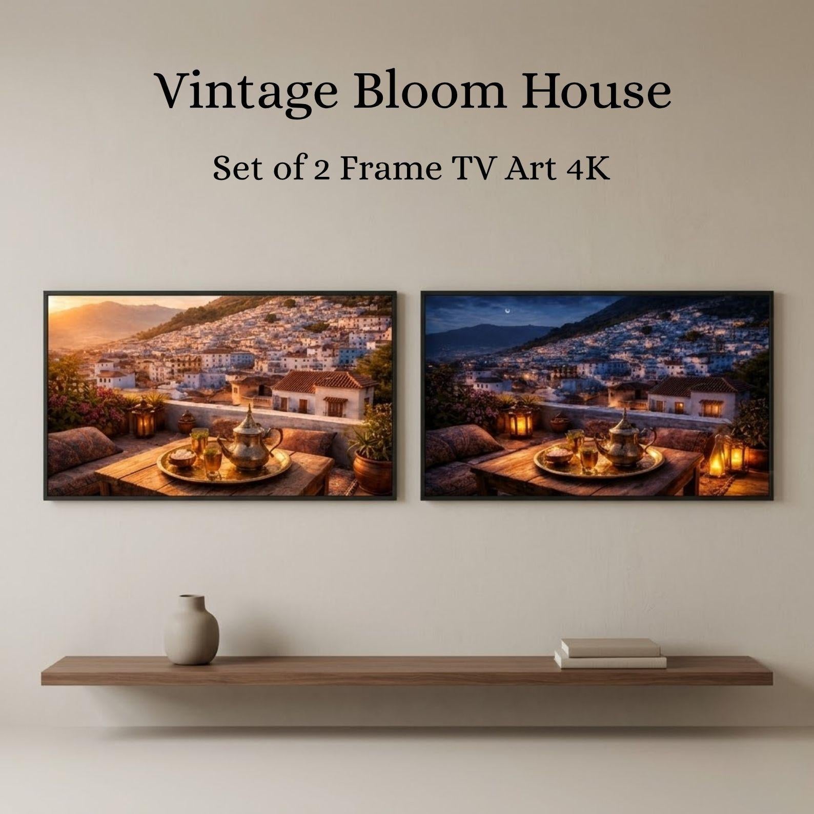 Chefchaouen Rooftop Set of 2 Frame TV Art 4K Morocco Day and Night Blue City Digital Download Samsung Frame TV Art Bundle