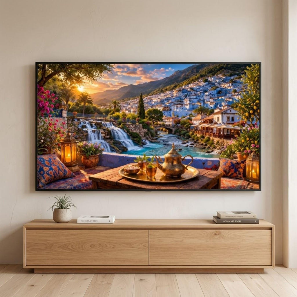 Chefchaouen Waterfall Art | Blue City Mountain View Frame TV Digital Download