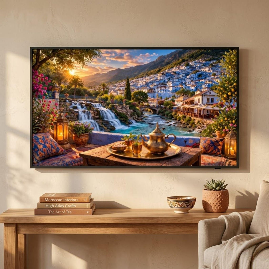 Chefchaouen Waterfall Art | Blue City Mountain View Frame TV Digital Download