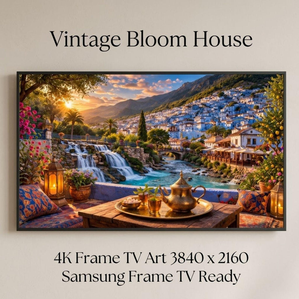 Chefchaouen Waterfall Art | Blue City Mountain View Frame TV Digital Download