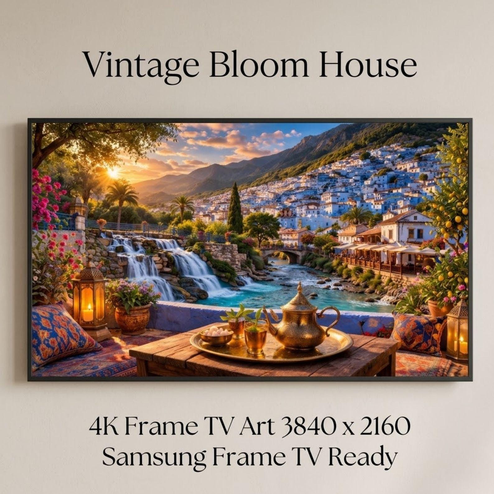 Chefchaouen Waterfall Art | Blue City Mountain View Frame TV Digital Download