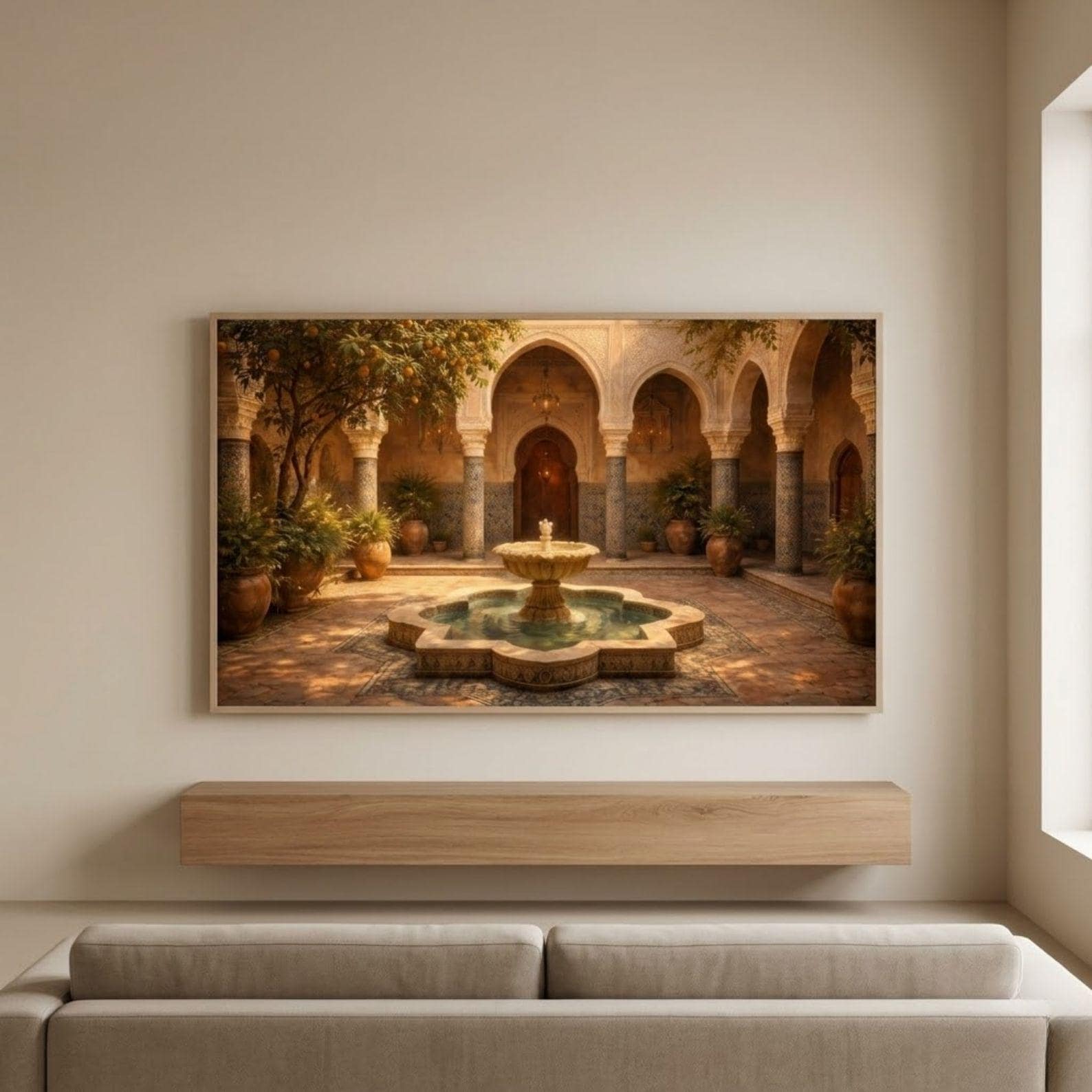 Marrakech Riad Courtyard Art, Moroccan Tile Fountain, Warm Interior (Digital Download)