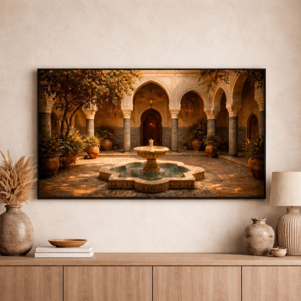 Marrakech Riad Courtyard Art, Moroccan Tile Fountain, Warm Interior (Digital Download)