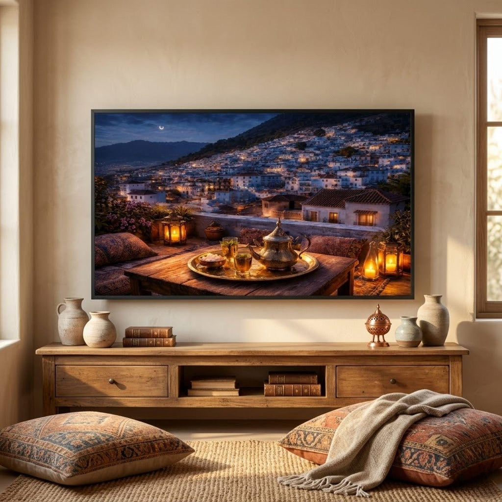 Chefchaouen Night Rooftop Art: Moroccan Lantern Glow, Blue City View (Digital Download)