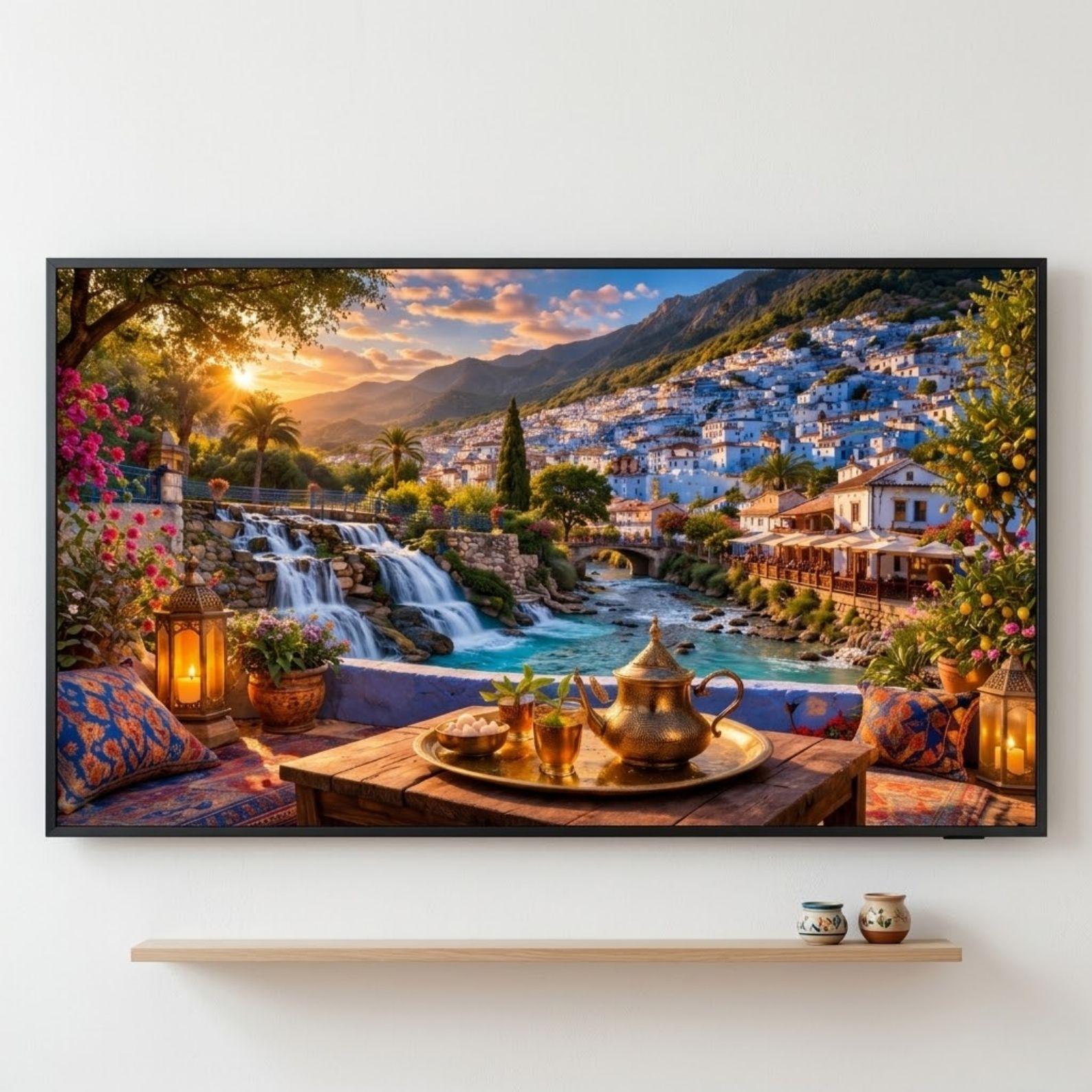 Chefchaouen Waterfall Art | Blue City Mountain View Frame TV Digital Download