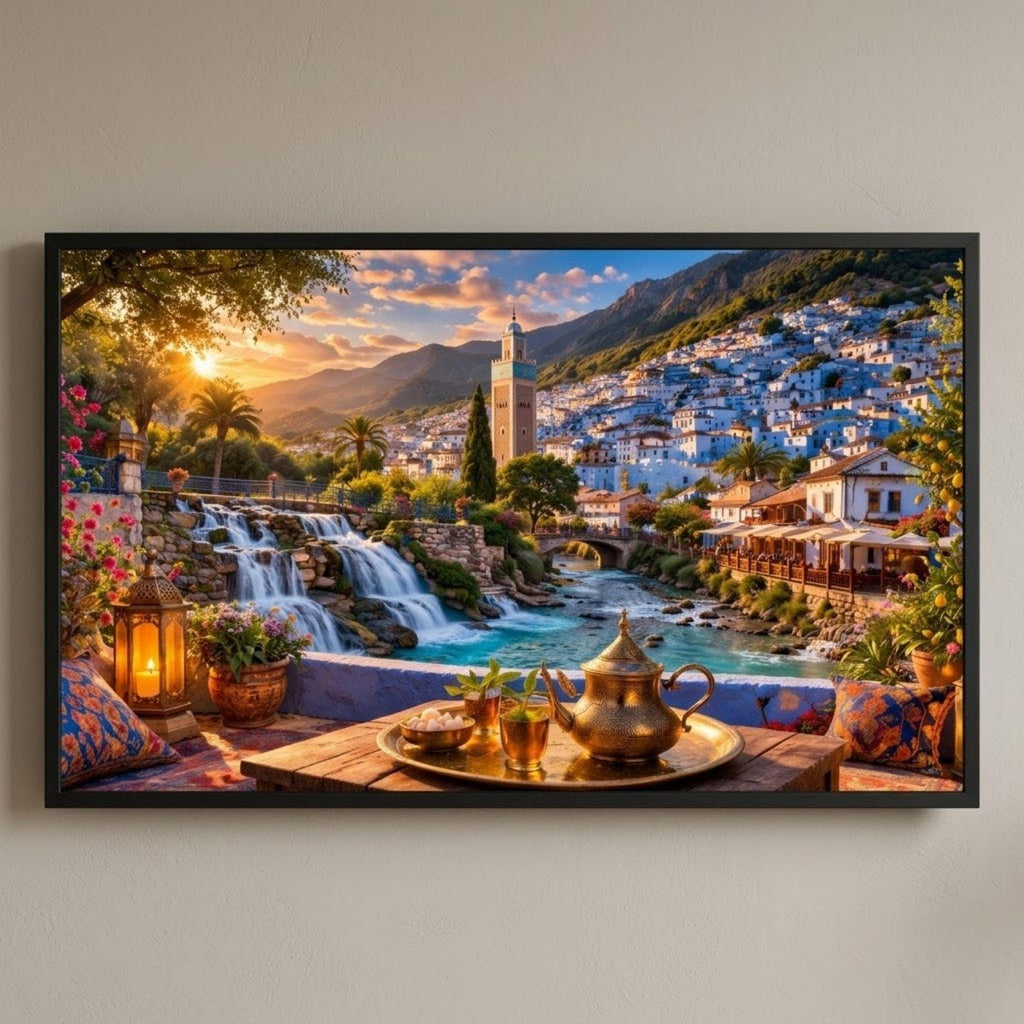 Chefchaouen Waterfall Art | Blue City Mountain View Frame TV Digital Download