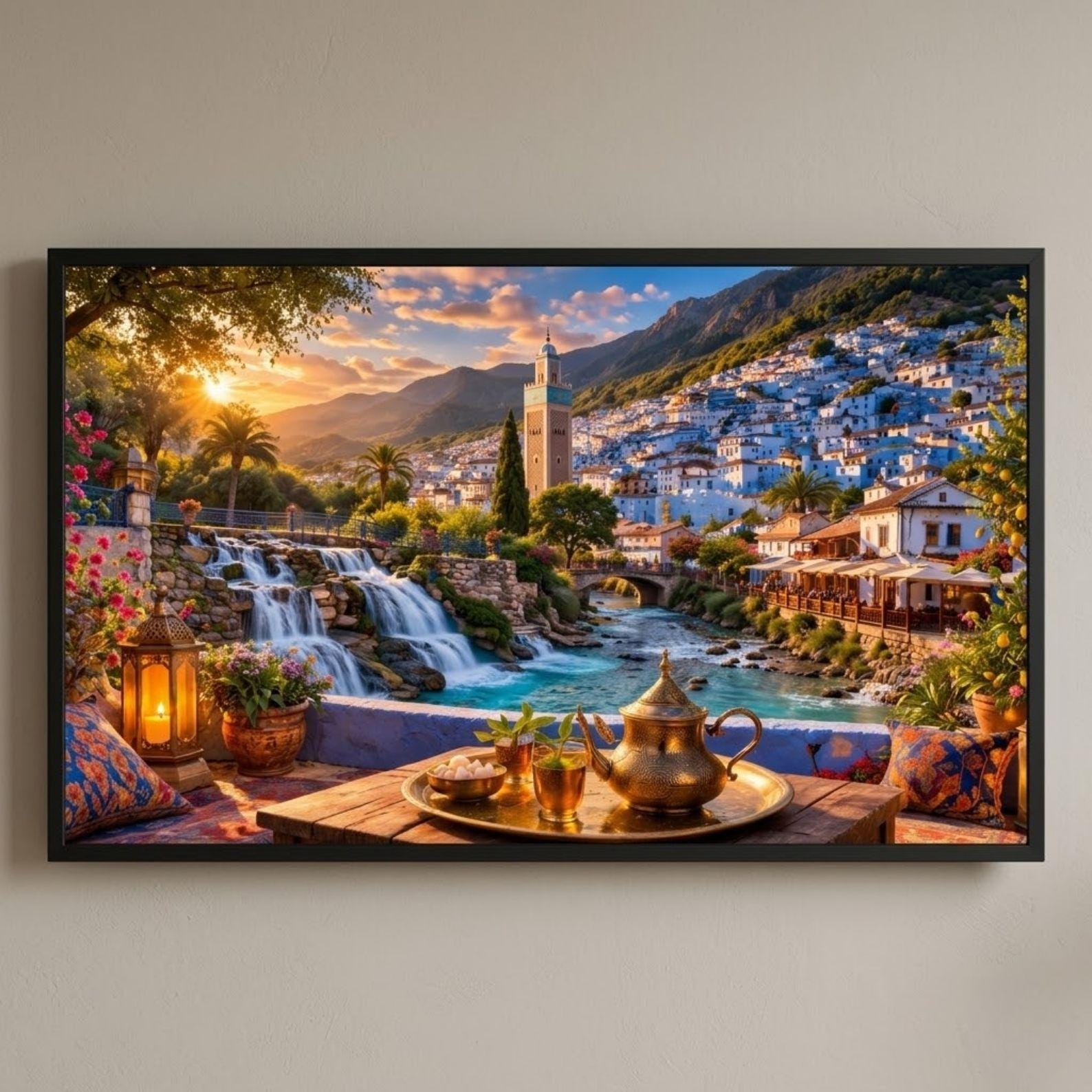 Chefchaouen Waterfall Art | Blue City Mountain View Frame TV Digital Download