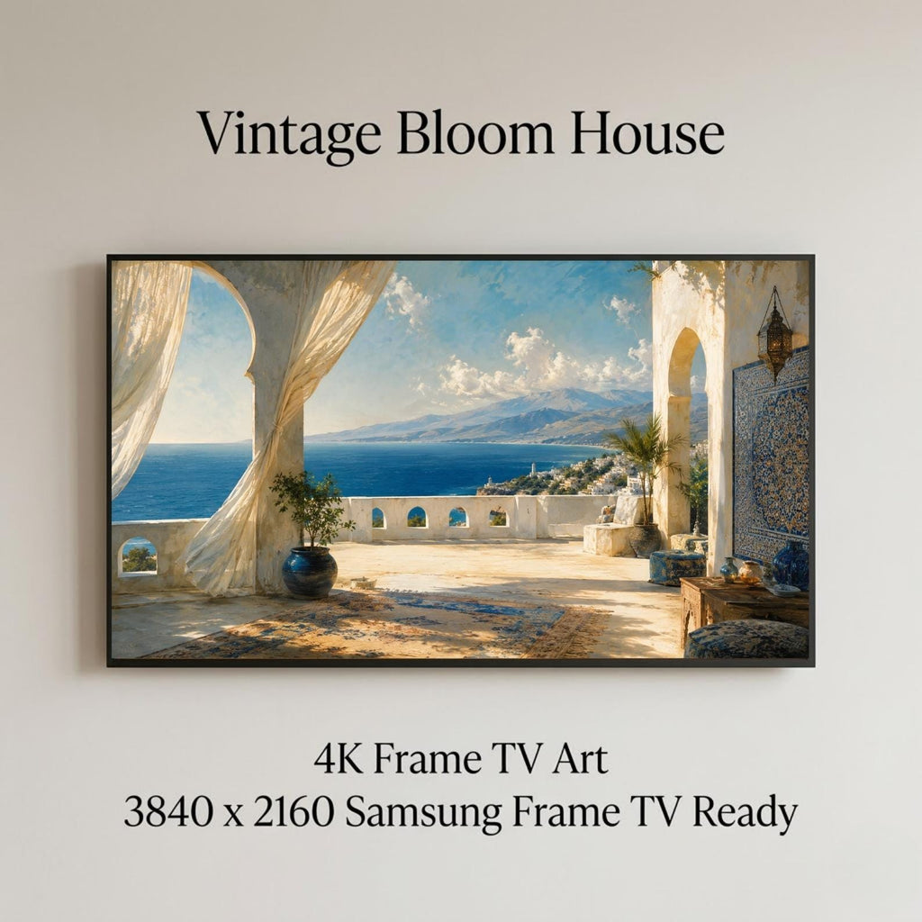 Tangier Coastal Terrace Art | Mediterranean Moroccan Frame TV Display (Digital Download)