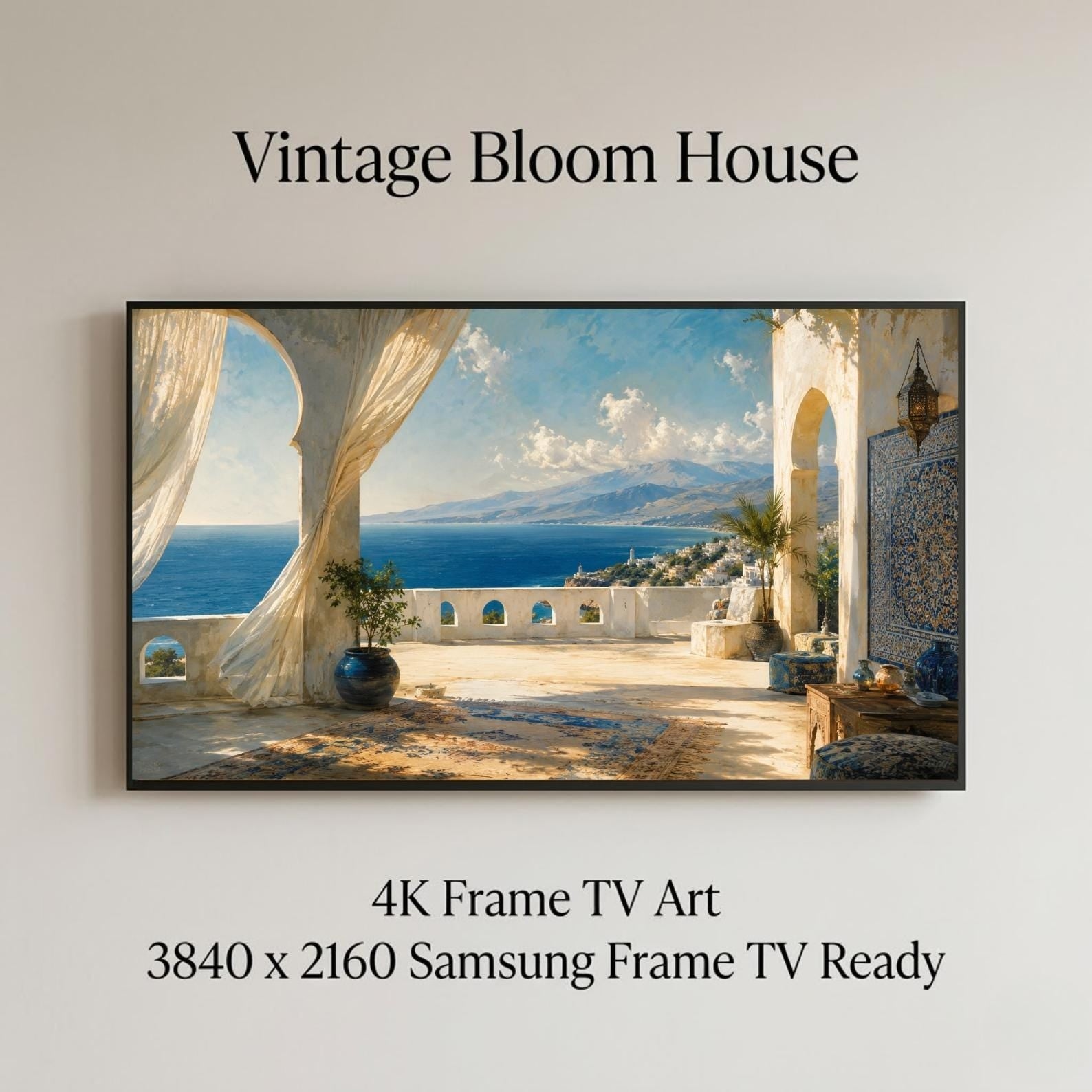 Tangier Coastal Terrace Art | Mediterranean Moroccan Frame TV Display (Digital Download)