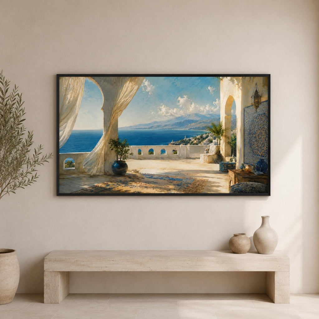 Tangier Coastal Terrace Art | Mediterranean Moroccan Frame TV Display (Digital Download)