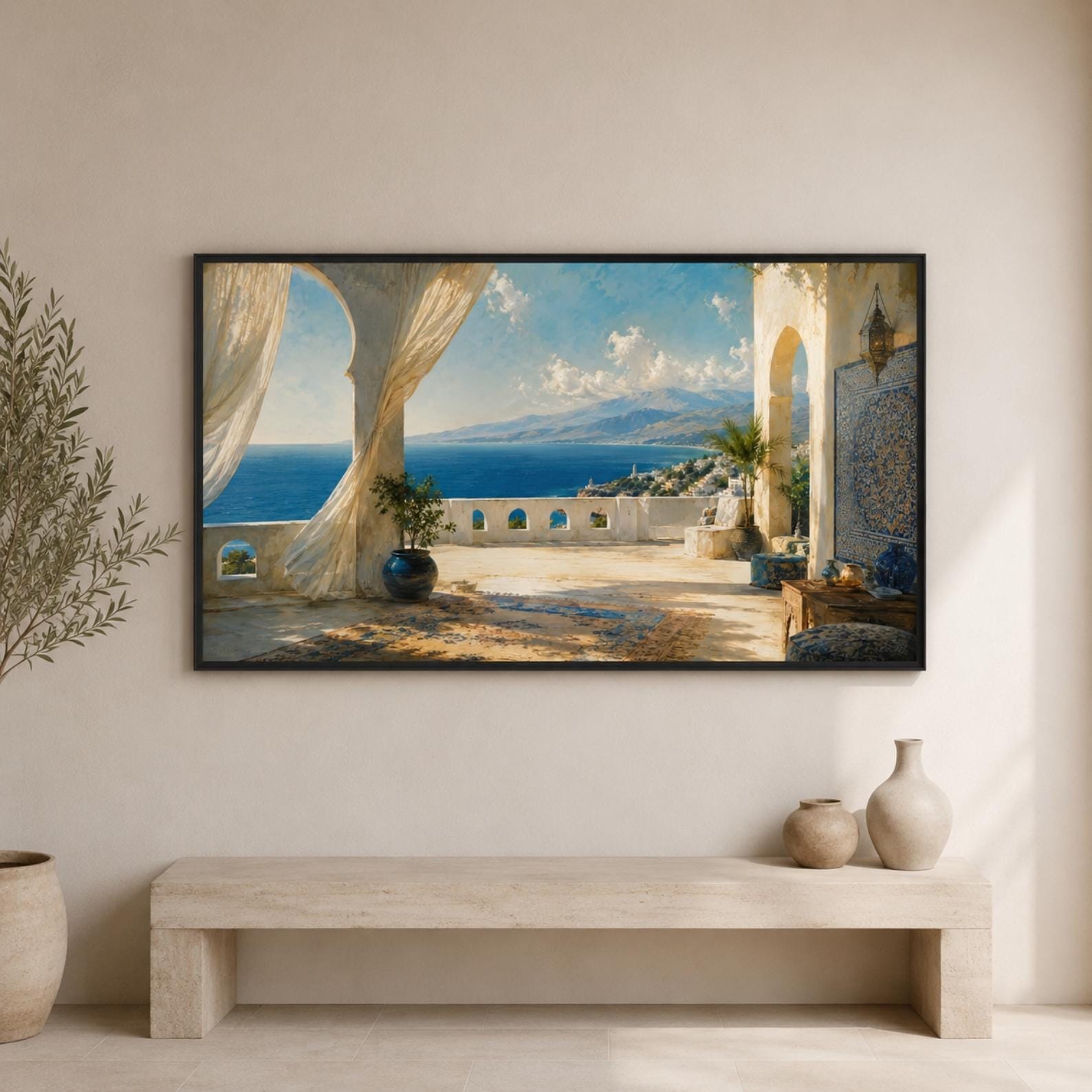 Tangier Coastal Terrace Art | Mediterranean Moroccan Frame TV Display (Digital Download)