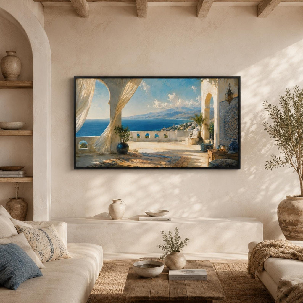 Tangier Coastal Terrace Art | Mediterranean Moroccan Frame TV Display (Digital Download)