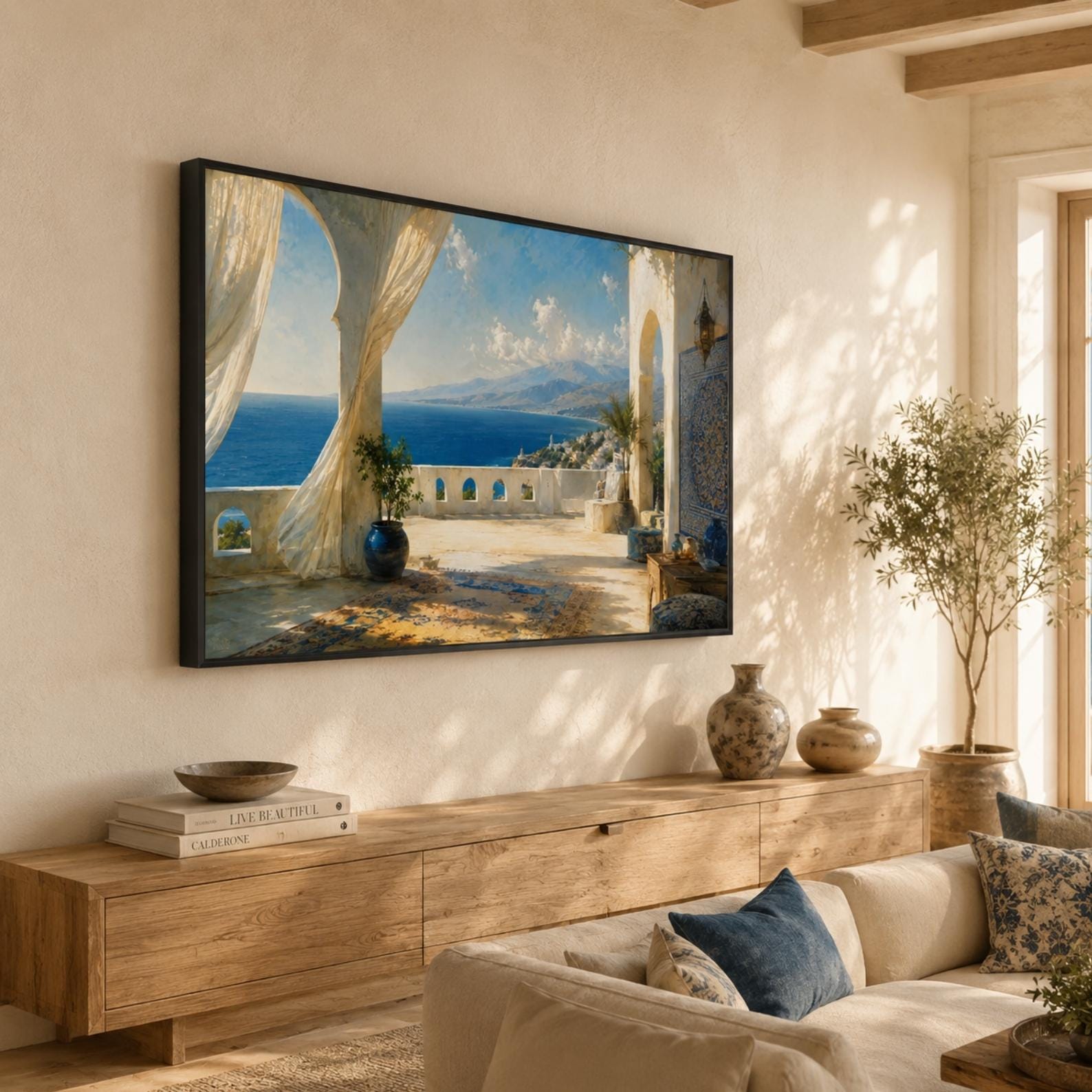 Tangier Coastal Terrace Art | Mediterranean Moroccan Frame TV Display (Digital Download)