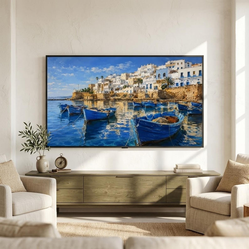 Tangier | Morocco | Frame TV Art | Samsung Frame TV | Harbor Boats | Coastal Wall Art | Digital Download