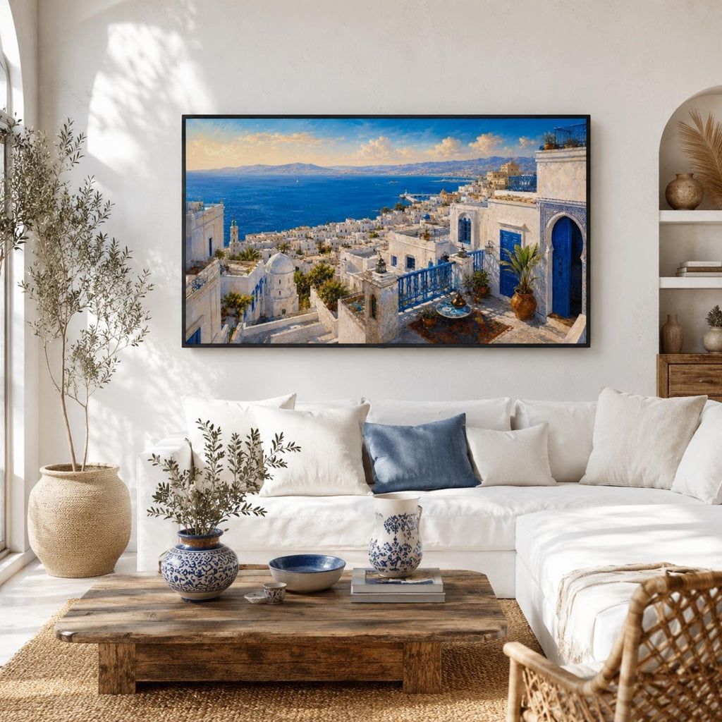 Tangier | Morocco | Frame TV Art | Samsung Frame TV | White Rooftops | Coastal Wall Art | Digital Download