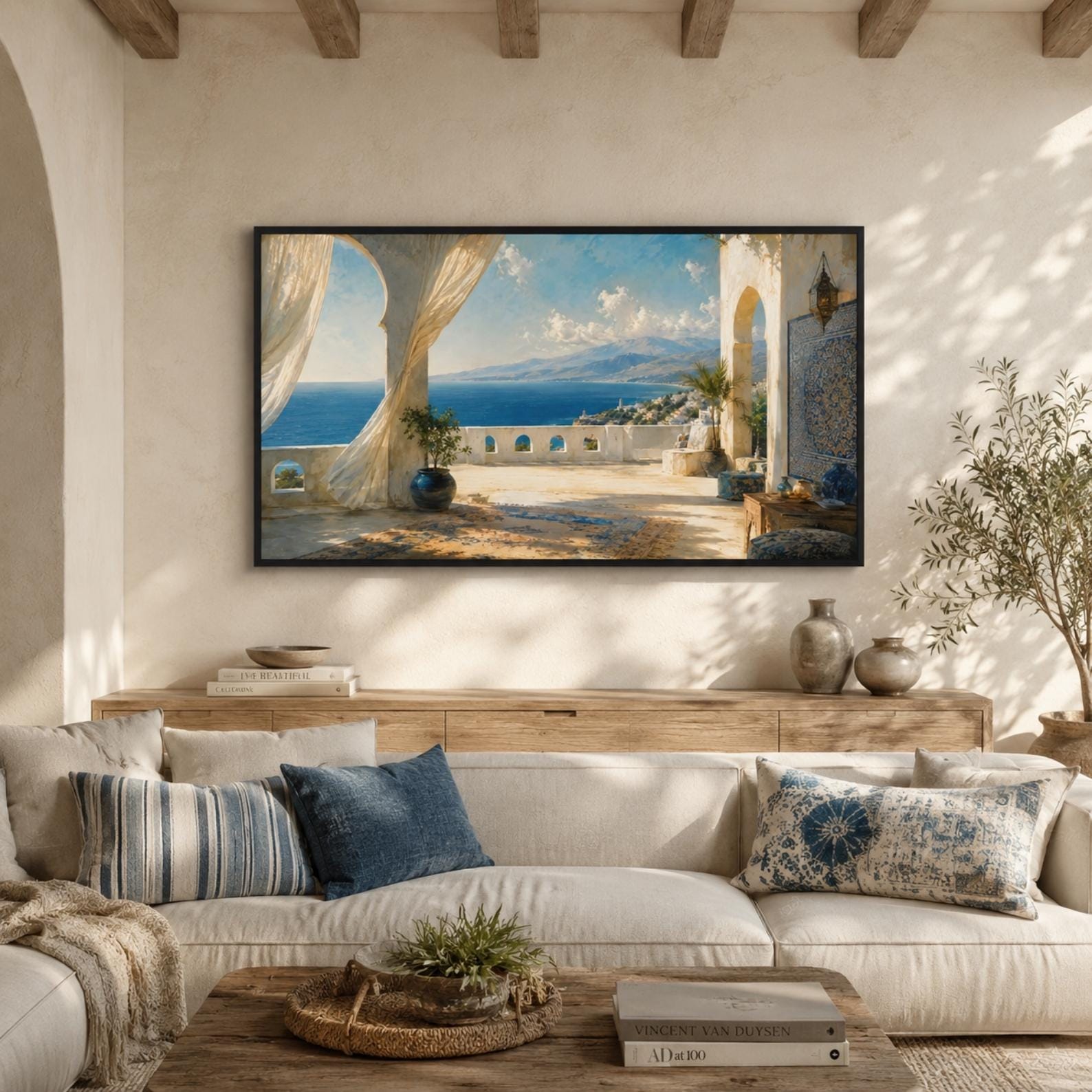 Tangier Coastal Terrace Art | Mediterranean Moroccan Frame TV Display (Digital Download)