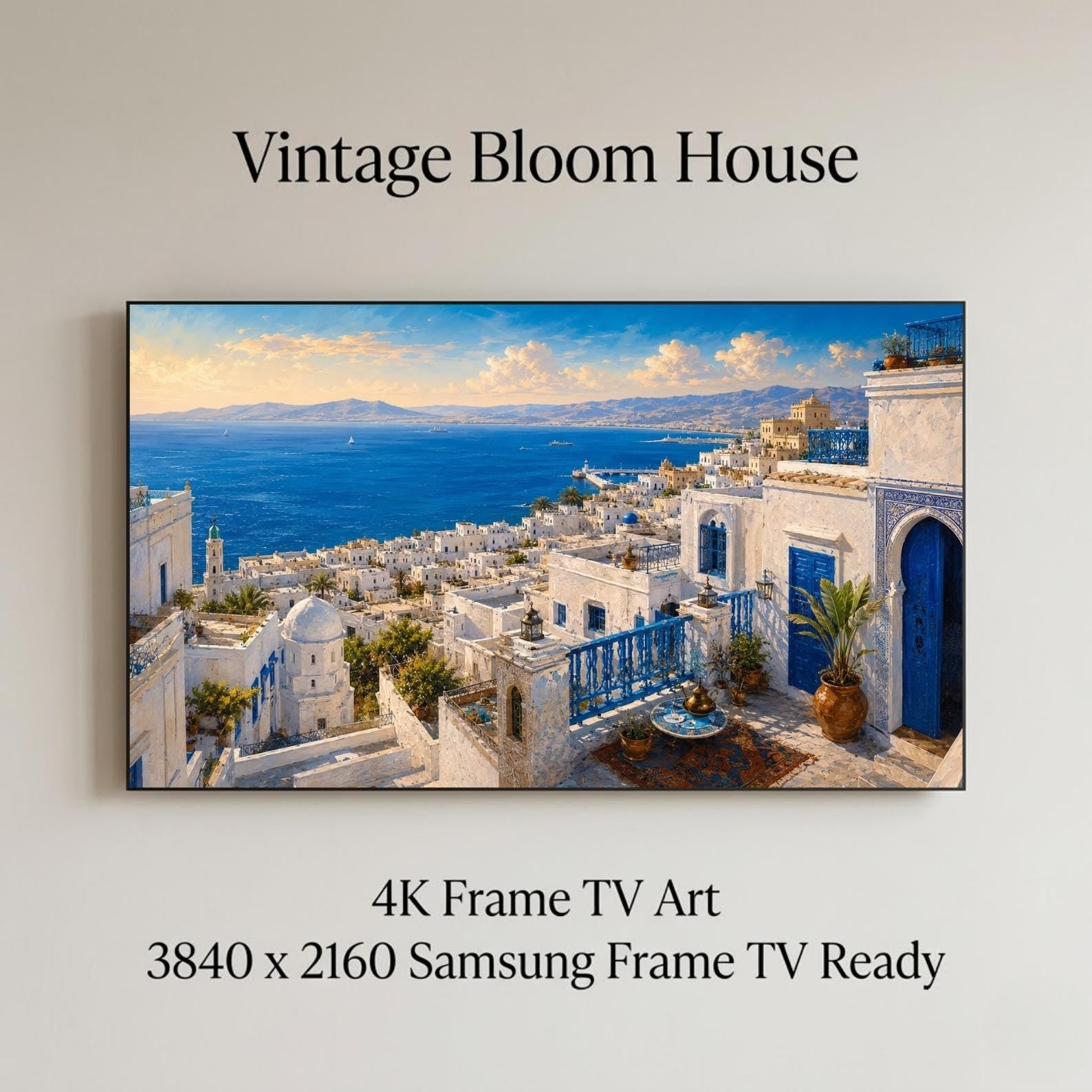 Tangier | Morocco | Frame TV Art | Samsung Frame TV | White Rooftops | Coastal Wall Art | Digital Download