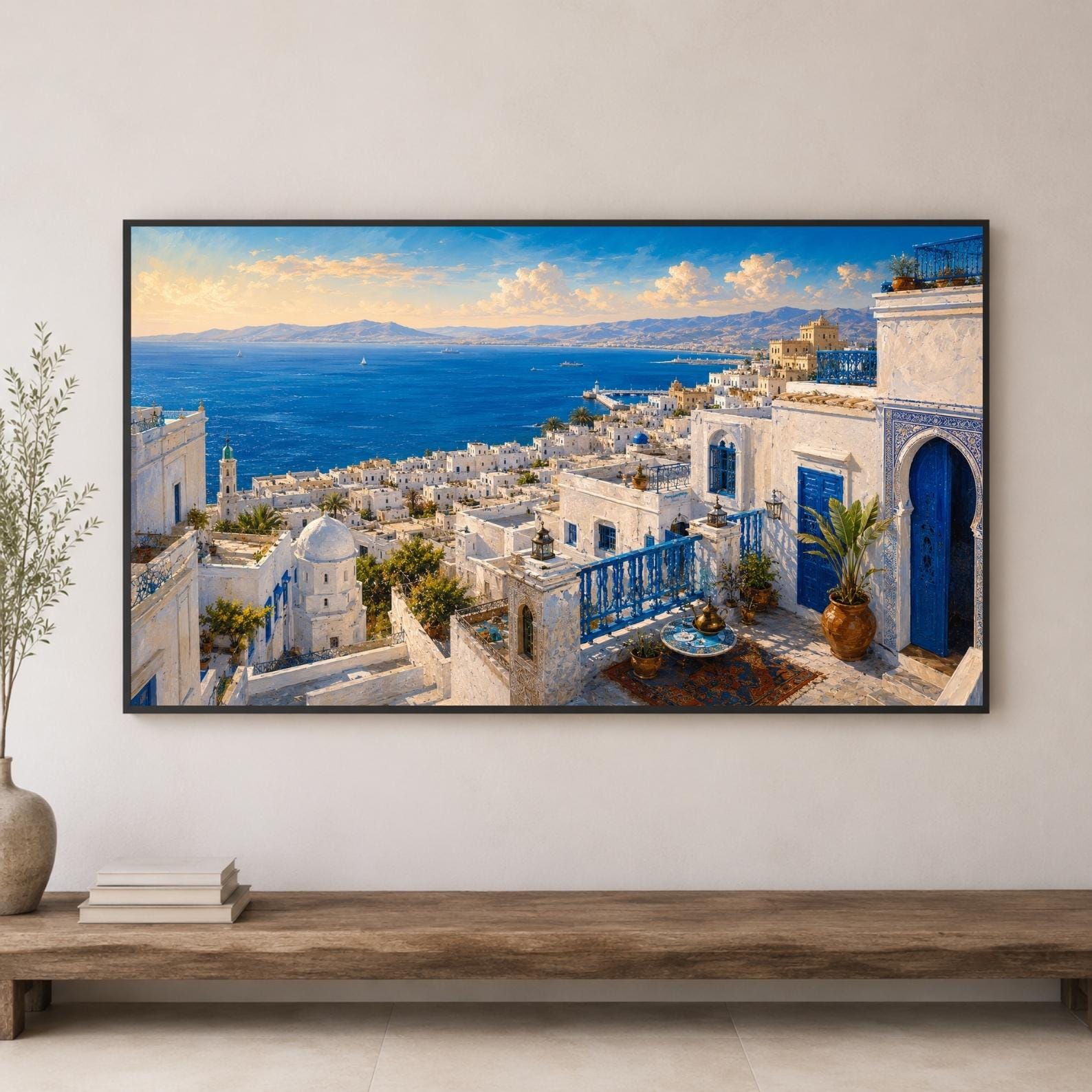 Tangier | Morocco | Frame TV Art | Samsung Frame TV | White Rooftops | Coastal Wall Art | Digital Download